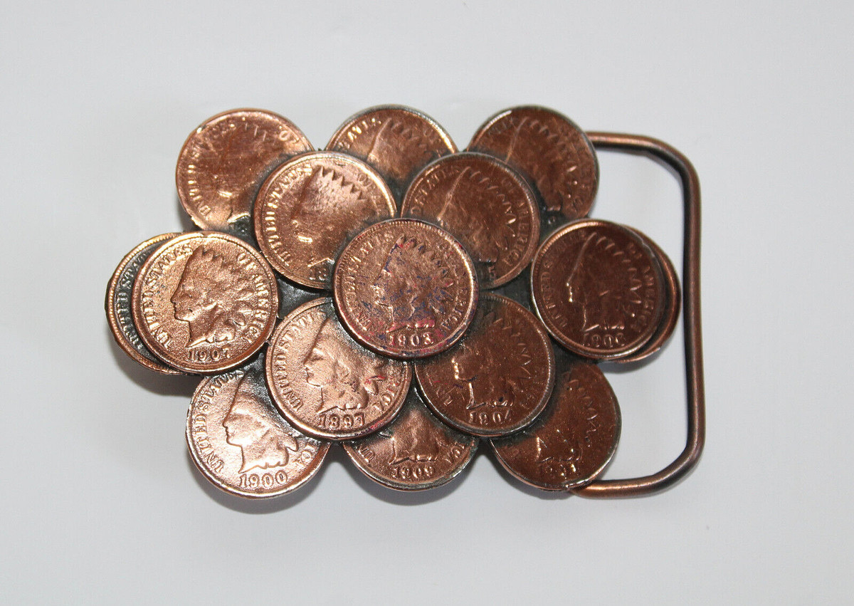 Vintage 1982 GREAT AMERICAN BUCKLE COMPANY Indian Penny Coin Belt Buckle #1037
