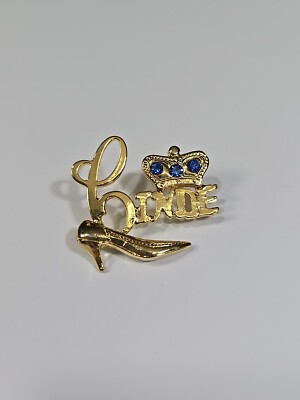 Cinde Brooch Lapel Pin Gold Color Shoe & Crown 3 Blue Faceted Faux Gems