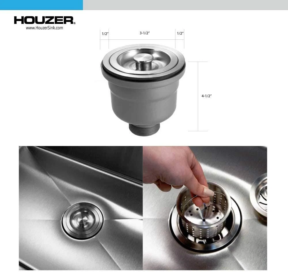 Houzer 3-1/2" Stainless Steel Deep Cup Basket Strainer with EZ Grip 190-9300