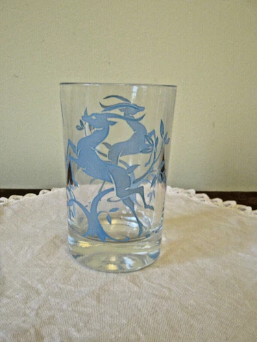 VTG MCM Federal Blue Leaping Gazelle Barware Highball Glass 5" Tall Art Deco