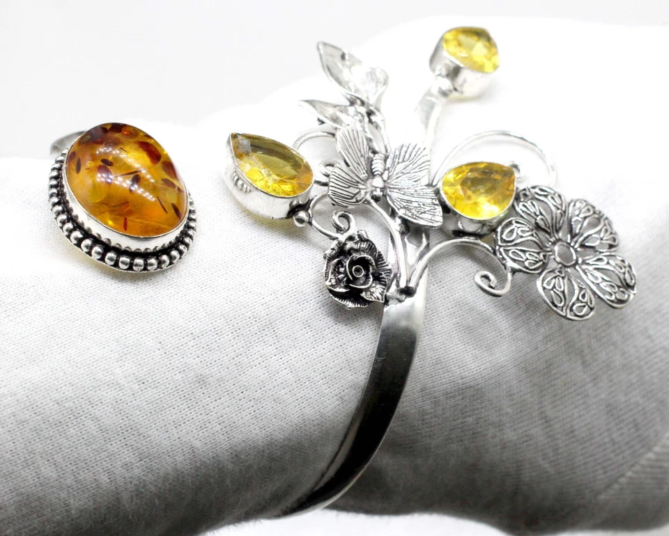 Bracelete de prata esterlina 925 âmbar báltico e pedras preciosas citrinas S-ADJ - Imagem 3 de 4