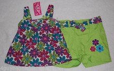 Girls Shorts Set 4 RUFFLED FLORAL SMOCK Lime Green Shorts EMBROIDERED FLOWERS