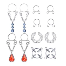 6 Pair Safety Fake Nipple Rings Women Non-Piercing Dangle screw Clip On Jewelry-
