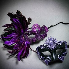 Purple Venetian Halloween Masquerade Ball Party Dance Couple's Mask w/ Feather