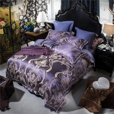 Luxury 4pc Dark Purple Jacquard Silk Cotton Queen King Size Cotton