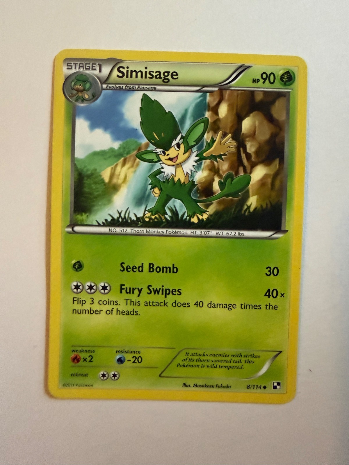Simisage Pokémon card 8/114. Year 2011
