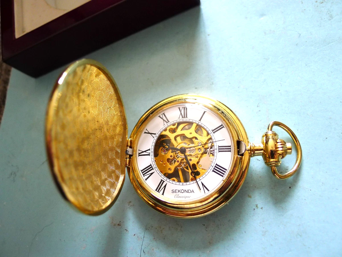 NUEVO Reloj Bolsillo Sekonda Classique Golden Hunter... Mano de barrido... 48 mm... Estuche... GWC