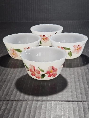 Vntg Set/4 Anchor Hocking Fire King Peach Blossom Hand Painted 6oz Custard Cups