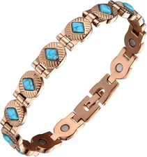 Stainless Steel Magnetic Link Turquoise Stone Bracelet - Rose Gold Plated