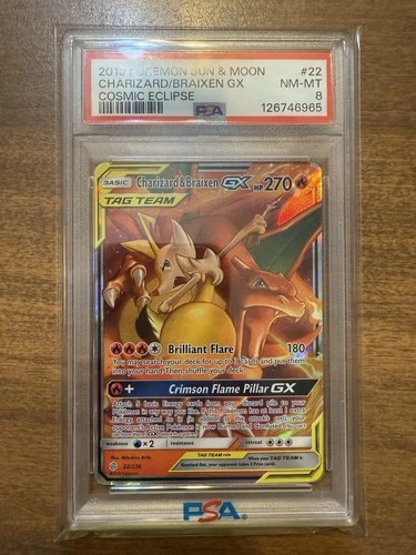 2019 POKEMON SUN & MOON CHARIZARD/BRAIXEN GX COSMIC ECLIPSE PSA 8 NM-MT