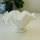 Vintage Fenton White Milk Glass Hobnail Bowl w/ Clear Ruffled Edge
