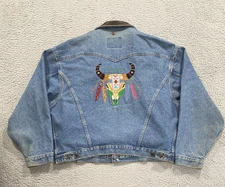 International Denim Jacket Mens Large Leather Collar Whistler Skull 90s Navajo