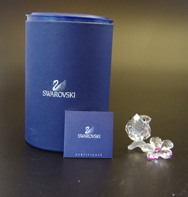 Swarovski Crystal Retired Bird on a Frosted Branch w/ Flower Figurine, MIB w/COA