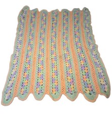 Vtg Handmade Crochet Baby Blanket Mile A Minute Ripple Afghan Mint Orange Pastel