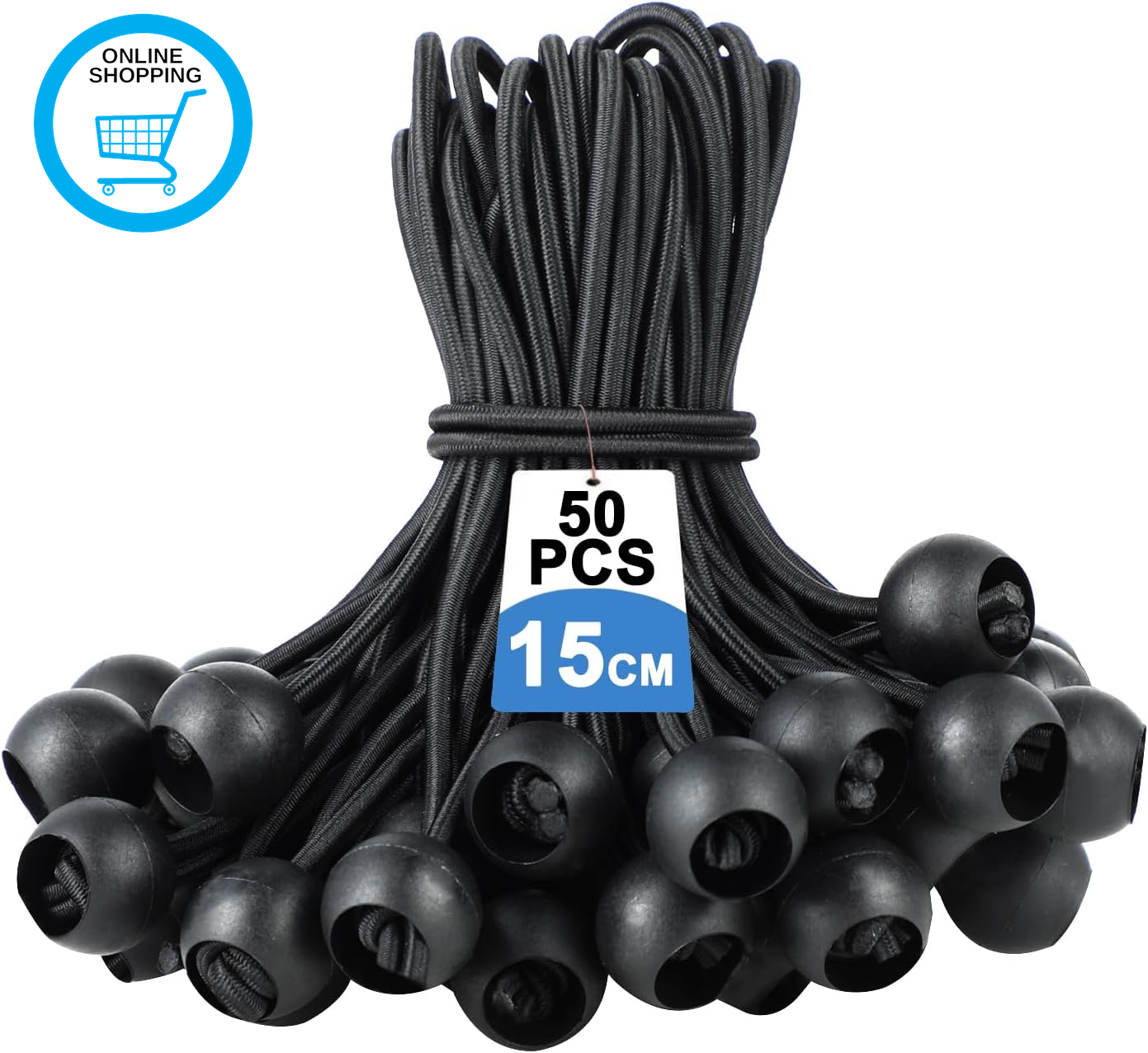 Bungee Cords with Ball - Pack of 50 Black Rubber Tensioners for Tarpaulins, Tent