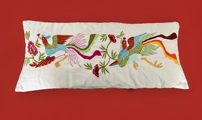 Vintage Suzani-style embroidery Pillow with colorful bird and floral motifs 