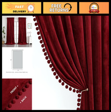 Luxurious Burgundy Velvet Curtains with Pom Poms, Room Darkening, Thermal Insula