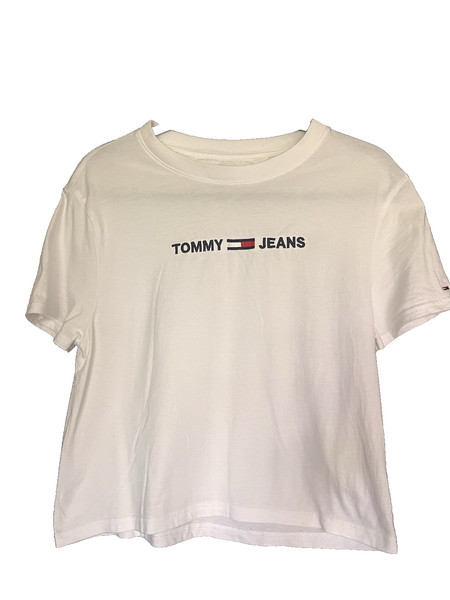 Tommy Hilfiger TShirt Womens XS white Preppy Varsity Jeans embroidered Ladies