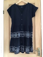 Next Ladies Black Embroidered Linen Blend Tiered Mini Dress Size Medium 12-14