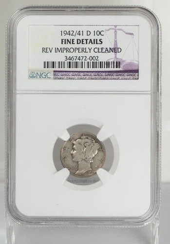 Certified 1942/41-D Mercury Dime NGC Fine details Silver 10c