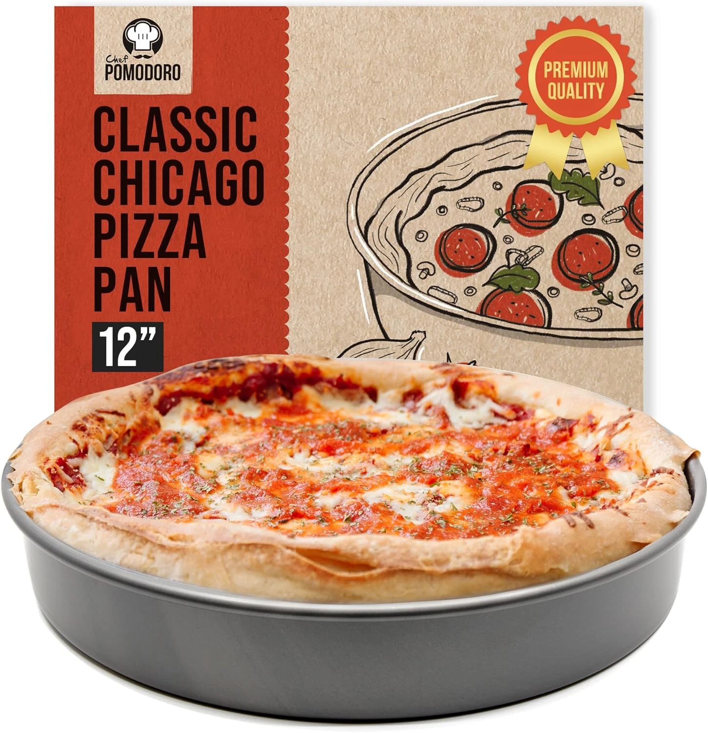 Chef Pomodoro 12" Chicago Deep Dish Pizza Pan - Hard Anodized Non-Stick Aluminum