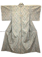 Unused Oshima Tsumugi Silk Kimono M 62" / Green Red Diamond Geometric Japan