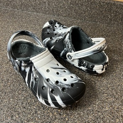 CROCS Classic Baya Womens 8 Slip On Rubber Marbled Clogs Lined Shoes Black/White