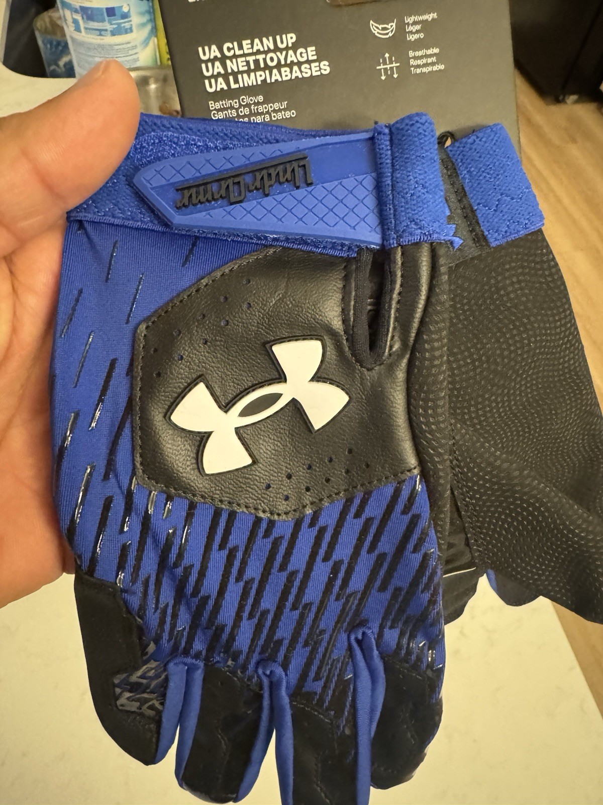Under Armour UA Clean Up Baseball Batting Glove Black Blue Large thumbnail 2
