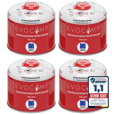 EVOCAMP 4x Butan/Propan Gaskartusche 300g, Schraubkartusche für Weber Q100/1200