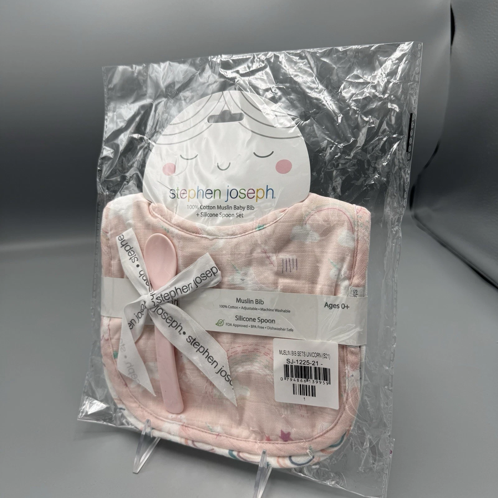 Steven Joseph 2 Muslin Bibs and Silicone Spoon Unicorn Rainbows New