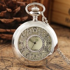 Silver Hollow Out Flower Case Roman Number Quartz Pocket Watch Sweater Chain