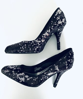 White House Black Market Athena Black Silver Sequin Heels Size