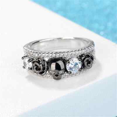 Vivid White Cubic Zirconia Skull Rose Design Band In Solid 935
