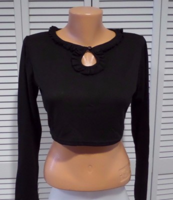 NWT Rock Steady Cropped Keyhole Sweater Black Long Sleeve Ruffle sz S Pin up