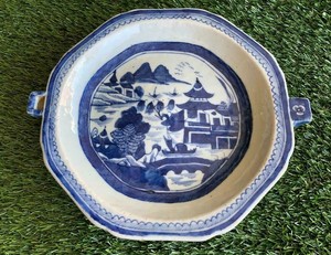 Antique Chinese Export Canton Blue and White Porcelain Hot Water Warming Dish