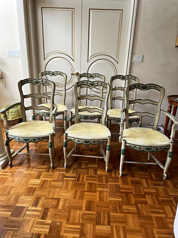 Set of 6 Vintage Wood Chairs w/ Arms, Cream/Green Upholstered Seats French Style