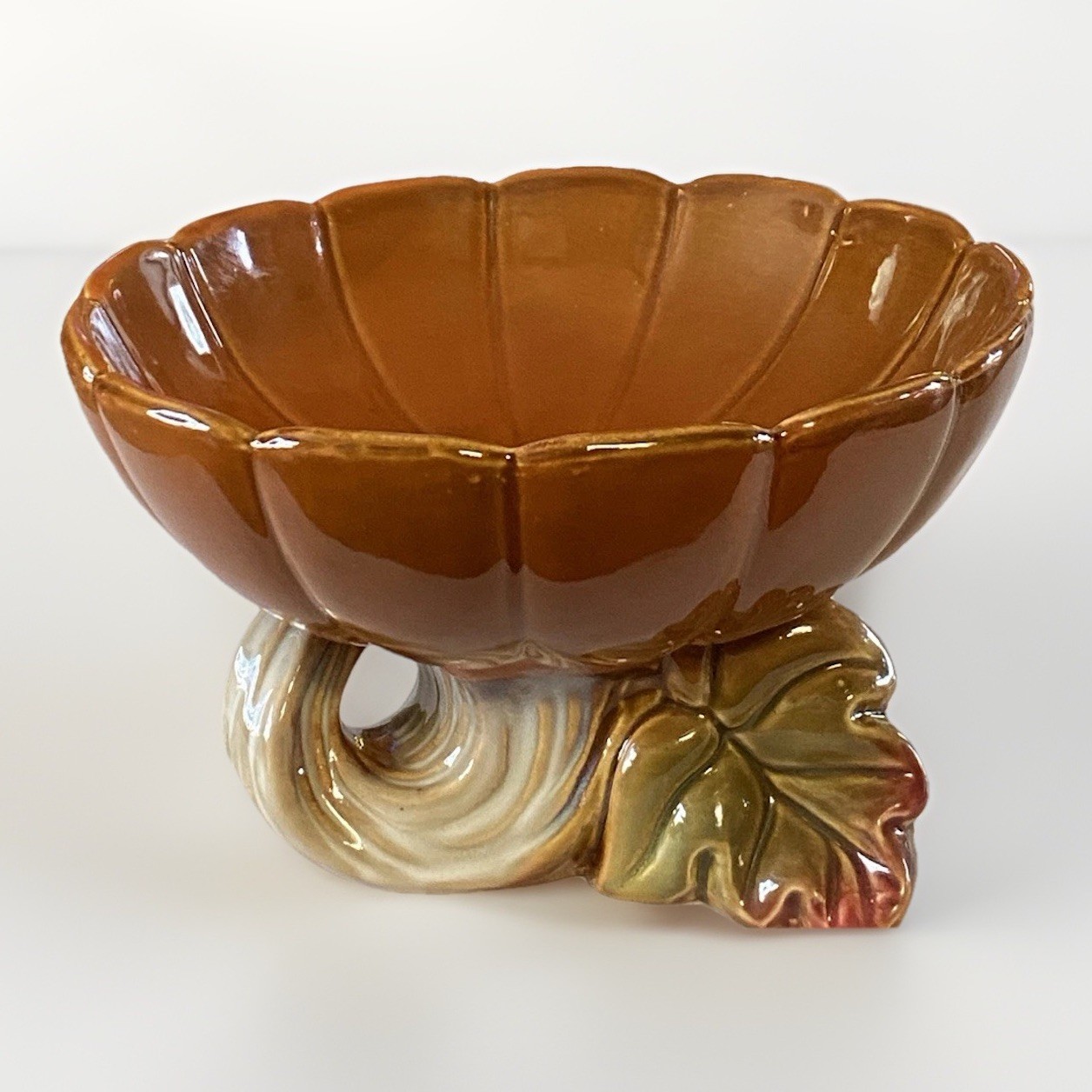 Ceramic pumpkin pedestal serving dish with leaf and vine detailing
