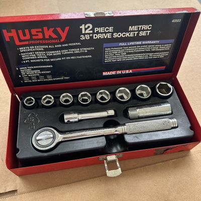 #ad Vintage Husky Professional MM Socket Set 12 Pc. 3 8” Drive Socket Metal Case USA $44.98