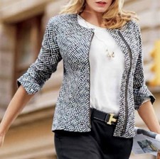 CABI Women s Cliffside Moto Jacket Full Zip White Gray Patterned Size Medium
