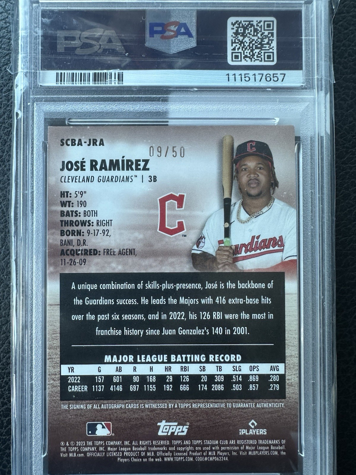 2023 Topps Stadium Club Autographs Jose Ramirez #SCBA-JRA /50 PSA 8 view 2