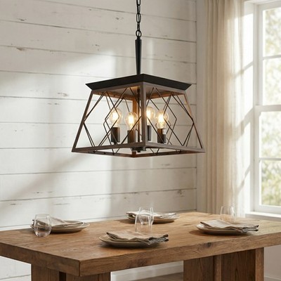 16'' Pendant 4 Light Rustic Farmhouse Chandelier Living Room Fixture LED Walnut