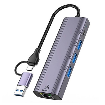 1000Mbps 5 in 2 Typ C / USB 3.0 Ethernet Adapter   RJ45 Gigabit LAN, 3× USB 3.0