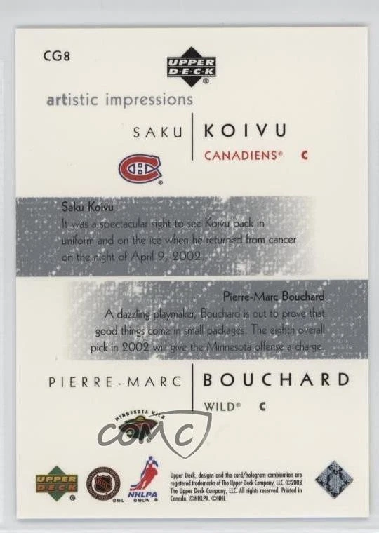 2002-03 Artistic Impressions Common Ground Saku Koivu Pierre Marc-Bouchard #CG8 - Image 2 of 2