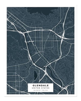 Modern Glendale Map Wall Art   Urban Chic Decor Cityscape Whale
