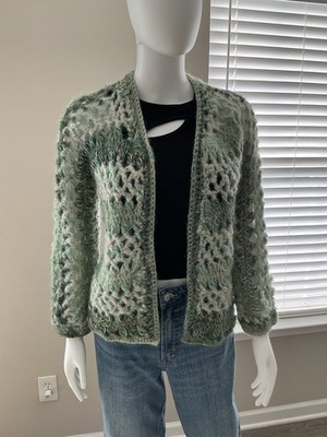 Cardigan Handmade Chrochet Wool FiberArt Granny Core Sage Green Small