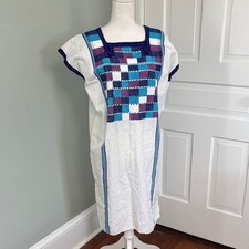 Authentic Mexican Hand Embroidered Blue Purple White Checkered Dress Size XL