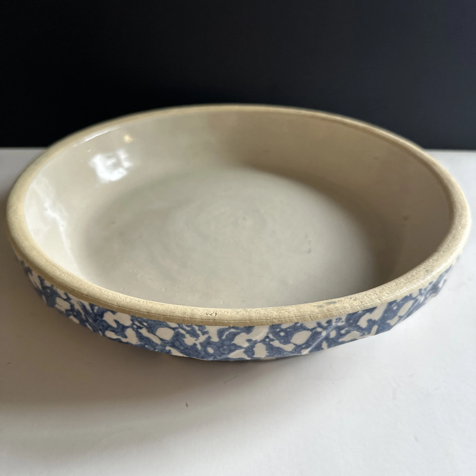 Vtg Clay City Pottery Indiana USA Pie Plate Dish Blue Sponged Stoneware 10”
