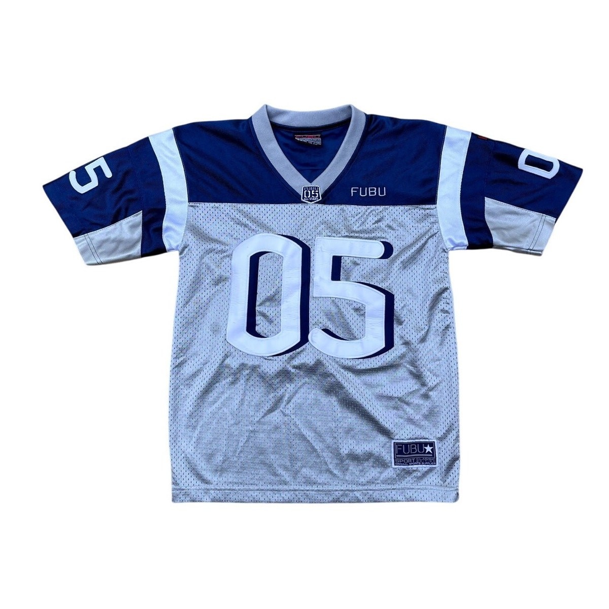 FUBU Jersey Mens S Blue Gray White #05 Football Y2K Hip Hop
