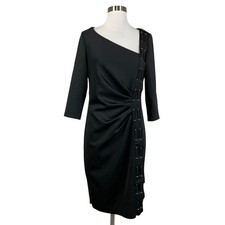 XSCAPE Women's Cocktail Dress Size 14 Black Long Sleeve Embellished Midi Sheath
