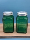 Vintage 4.5" Embossed Green Glass Salt & Pepper Shaker Set w Aluminum Lid